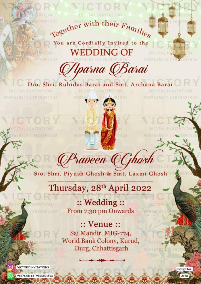 Wedding ceremony invitation card of hindu Bengali family in english language with Radha krishna theme design 2188