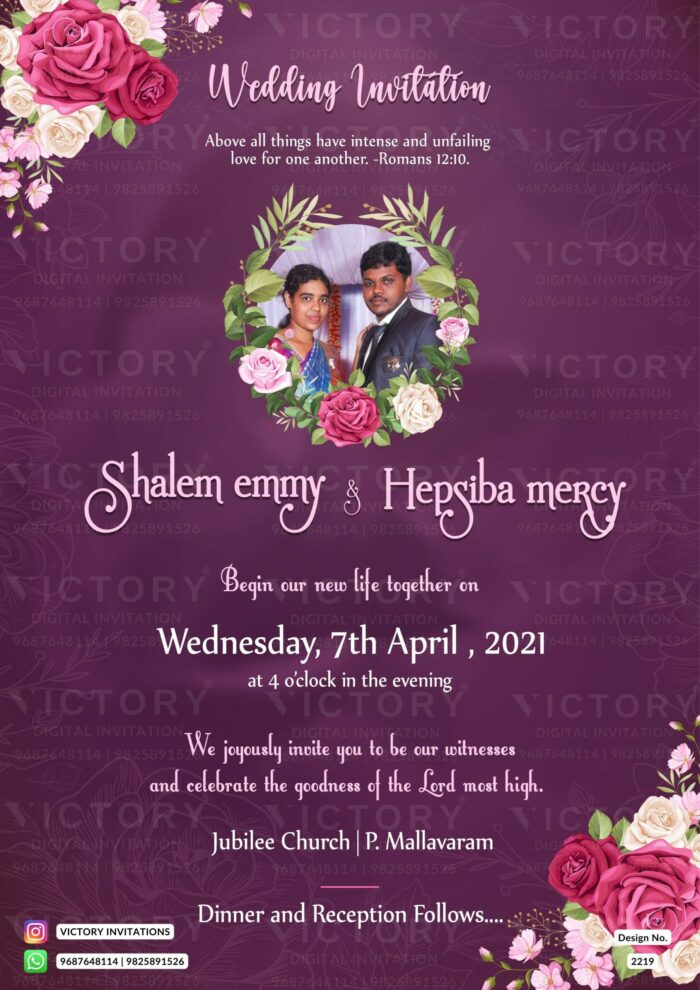 A Charming Wedding Invitation with the Couple's Endearing Image, Delicate Rose Floral designs on Captivating Plum Purple background, Design no. 2219
