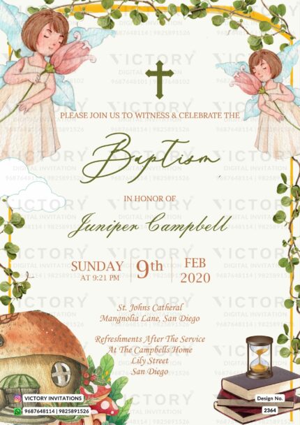 Enchanting Fairytale-Inspired E-Invitation Featuring Playful Illustrations of a Fairy and a Woodland Cottage, Set on a Solid Ivory Background with Whimsical Red Mushroom Motifs, Designed for an Upcoming Baptism Ceremony" Design no. 2364