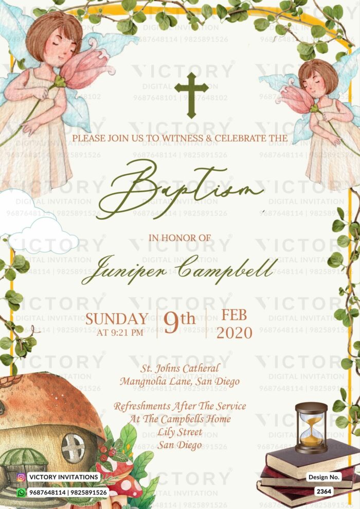 Enchanting Fairytale-Inspired E-Invitation Featuring Playful Illustrations of a Fairy and a Woodland Cottage, Set on a Solid Ivory Background with Whimsical Red Mushroom Motifs, Designed for an Upcoming Baptism Ceremony" Design no. 2364
