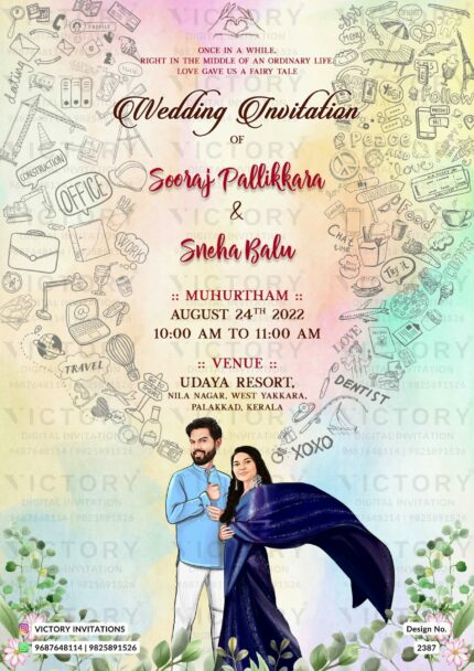 Lavish Pastel Fairytale Wedding Invitation with Mismatched Hand Drawn Doodle Illustrations and Couple Caricature