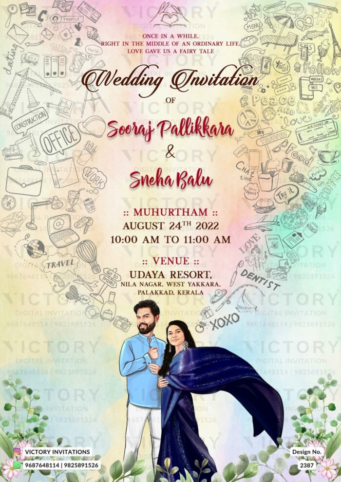 Charming couple caricature invitation card for the wedding ceremony of Hindu south indian Malayali family in english language with mixed professional theme design 2387