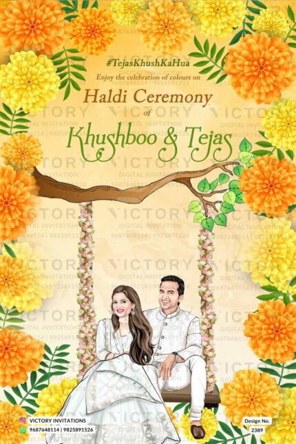 "An Exquisite Haldi Invitation Card: A Beautiful Fusion of Marigold, Sunflowers, and Caricature Art for a Memorable Celebration of Love with a Preview of the Stunning Illustrated Design" Design no. 2389
