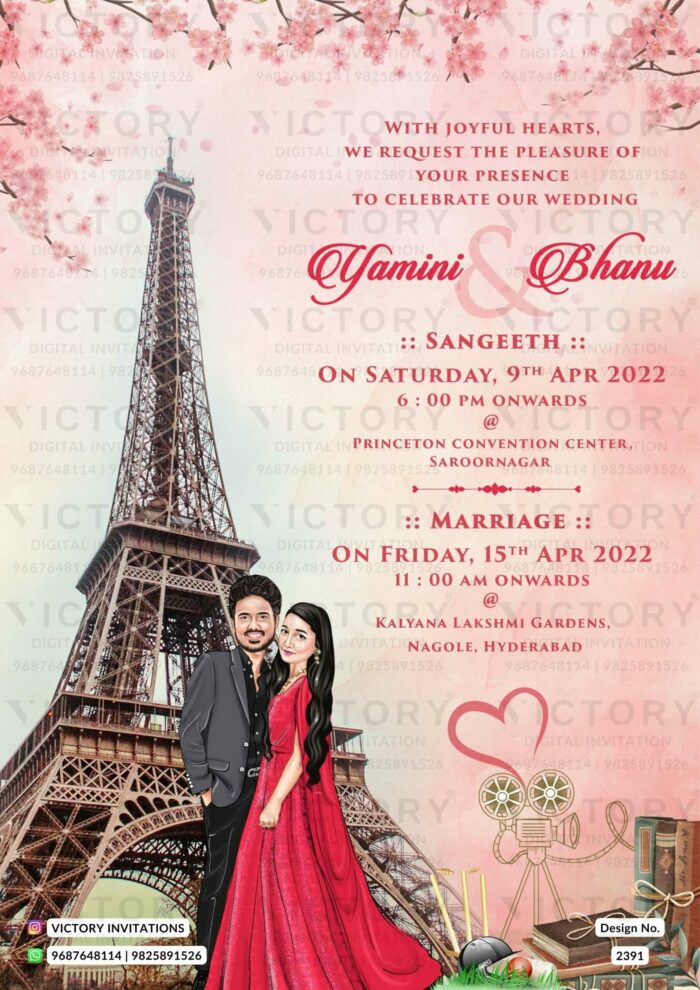 The Paris Theme of the Hindu South Indian Filmy couple caricatures digital invitation card for a wedding ceremony in pastel pink background color. This e-invite card is perfectly suitable for the Telugu family and it's available in English language. It includes elements such as pink flowers, an office tower, a book, a cap, a ball, a heart, and grass.