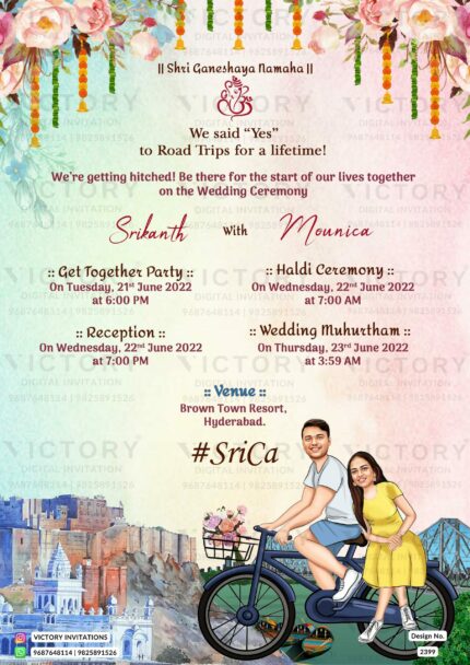 Bollywood couple caricature invitation card for the wedding ceremony of Hindu south indian telugu family in english language with two-state theme design 2399