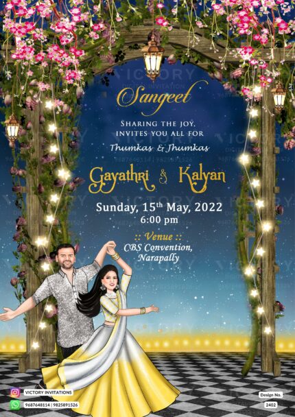 "A Digital Invitation Card Display the Perfect Blend of Nature and Tradition for a Beautiful Couple's Sangeet Ceremony, A Mesmerizing Display of Wooden Frames, Cherry Blossoms, and Caricature Illustrations Against a Gradient Gray and Blue Background." Design no. 2402
