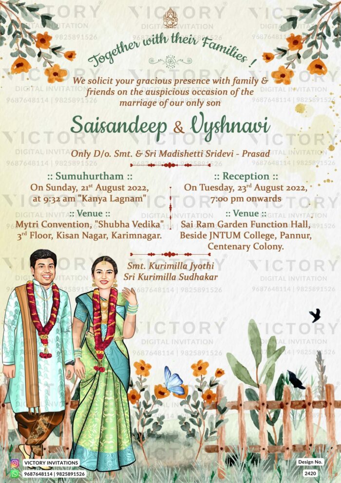 Traditional couple caricature invitation card for the wedding ceremony of Hindu south indian telugu family in english language with garden theme design 2420