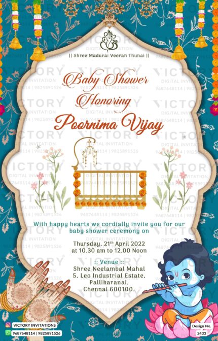 Vibrant Teal and Pink Indian Traditional Theme Baby Shower Invitation with Krishna and Crib Illustration