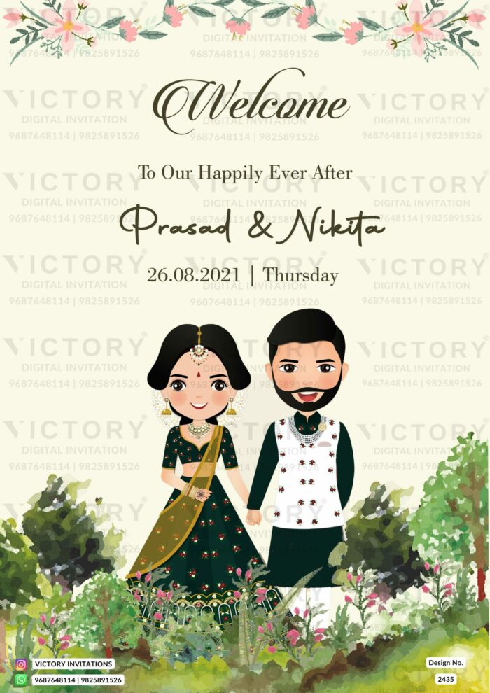 A Beautifully Designed Wedding Welcome Standee Featuring a Garden Watercolor Painting, Pink Flowers, Green Leaves, and a Charming Couple Doodle in Traditional Attire" Design no. 2435