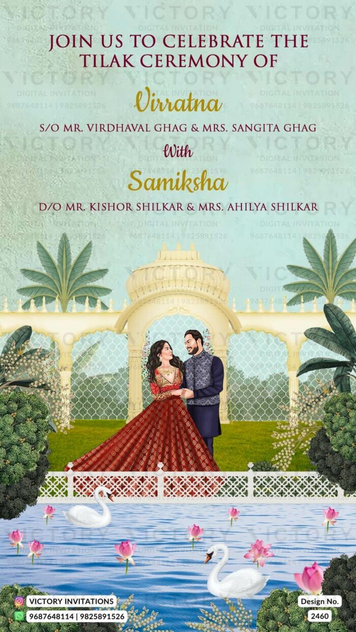 Romantic Rajasthani Theme Wedding Invitation with Royal Couple Caricature,