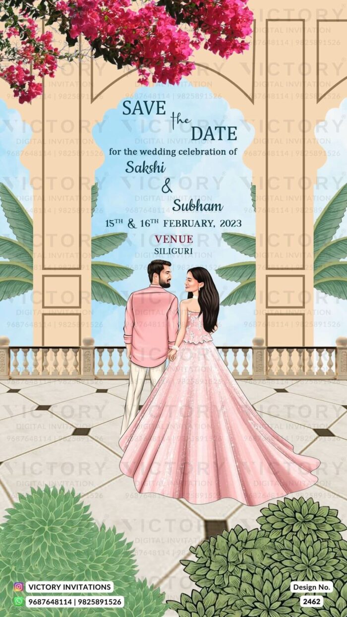 Magnificent Pastel Ivory and Green Tropical Terrace Save the Date Wedding Invite with Couple Caricature,