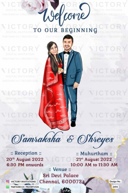 Delightful couple caricature invitation card for the wedding ceremony of Hindu south indian tamil family in english language with artistic floral theme design 2494