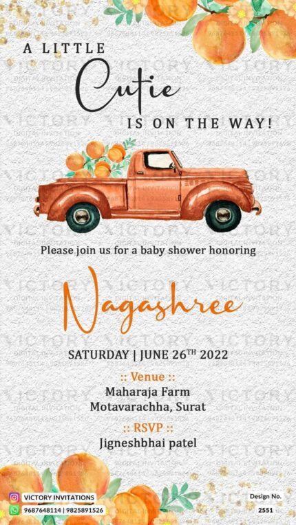Cutesy Grey and Orange Peaches Theme Digital Baby Shower Invitation