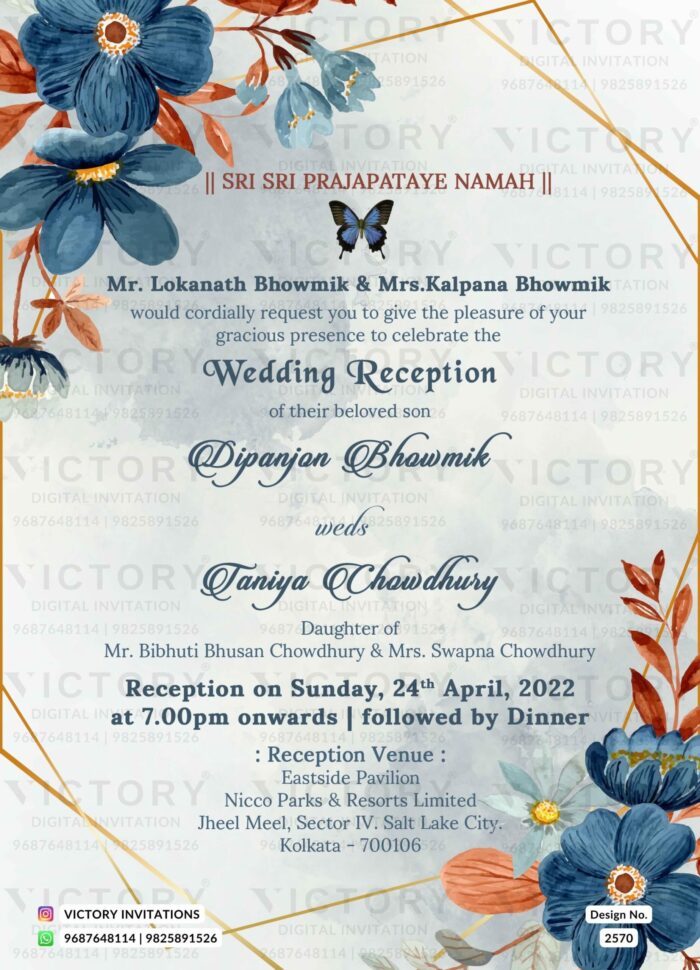 Wedding ceremony invitation card of hindu west bengal bengali family in english language with artistic floral theme design 2570