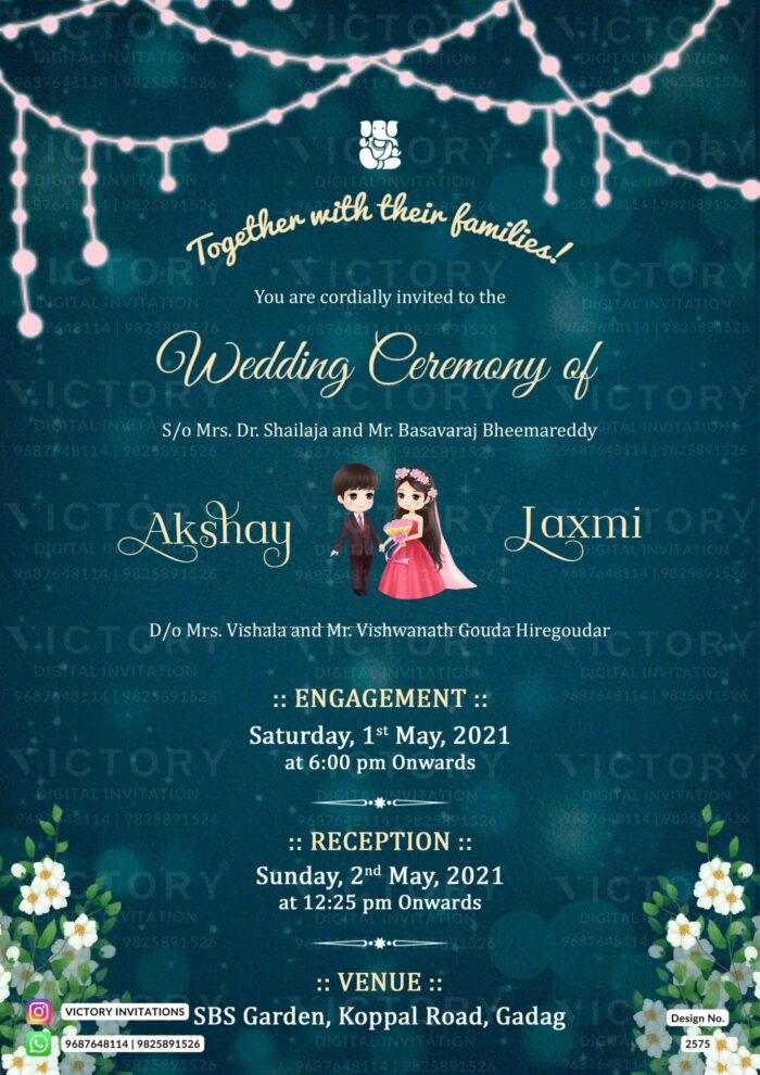 Wedding ceremony invitation card of hindu south indian kannada family in english language with glittery theme design 2575