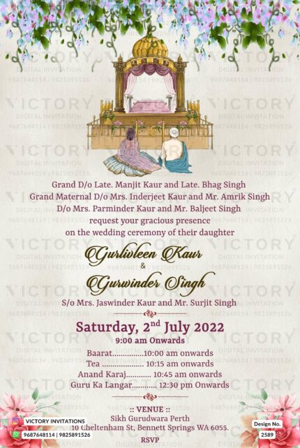 Ivory and Lilac Floral Theme Sikh Wedding Invite with Classic Anand Karaj Illustration