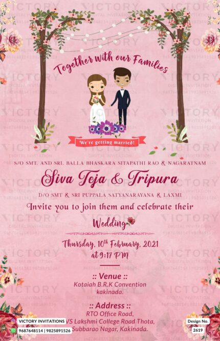 Wedding ceremony invitation card of hindu south indian telugu family in english language with minimalistic theme design 2619