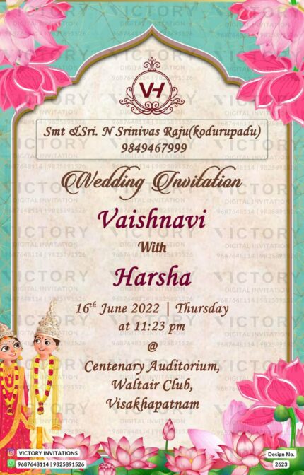 Wedding ceremony invitation card of hindu south indian telugu family in english language with traditional arch theme design 2623