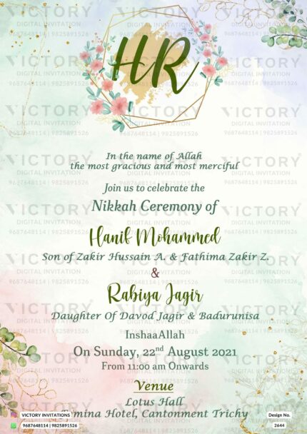 Pastel Water-colored and Gold Floral Theme Voguish Wedding Invitation with Captivating Couple Logo