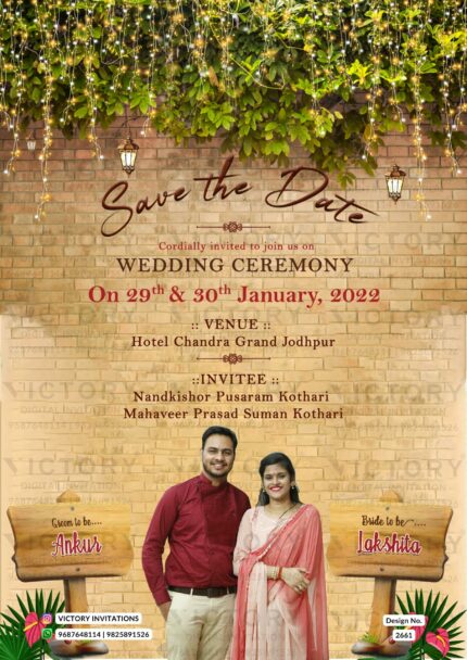 "A Dreamy and Whimsical Vintage-inspired Save the Date Featuring a Hindu Couple Doodle, Vibrant Green Leaves, and Vintage Lanterns on a Dusky Brown Brick Wall Background, Complemented by Wooden Tablets with Muted Brown Stones and Plush Pink and Dark Green Wild Plants." Design no. 2661