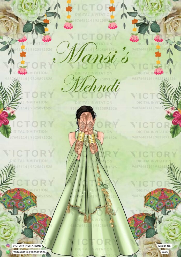 Water-colored Pastel Green and Pink Indian Traditional Mehndi Invitation with Mehndi Bride No-face Caricature