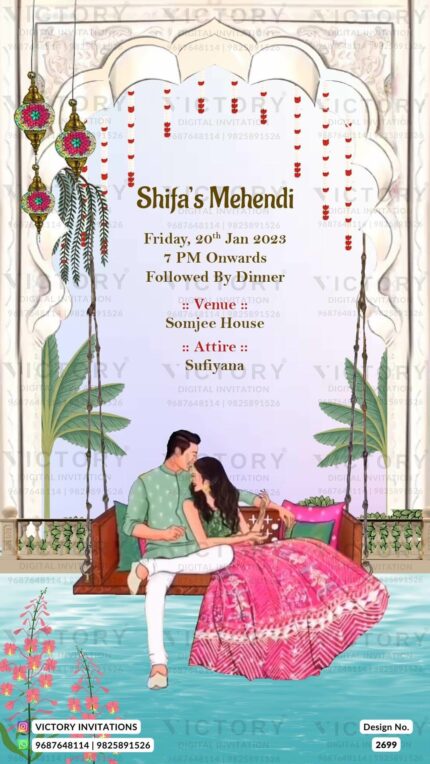 Dreamy Vibrant Traditional Sufi Theme Rasm-e-Mehndi Invitation with Stunning Couple Caricature,
