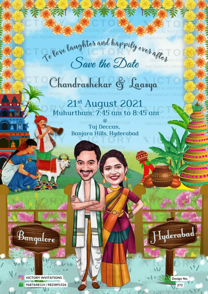 Multicultural Save-the-Date Invitation with Floral and Traditional Elements for a Two-State Hindu Wedding. Design no. 272