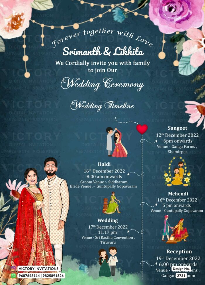 Traditional couple caricature invitation card for the wedding ceremony of Hindu south indian telugu family in english language with artistic floral theme design 2731