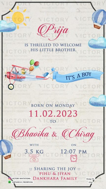 "Embark on a journey of wonder and joy with our exquisite Airplane-Themed digital Baby Welcome invitation card" Design no. 2764