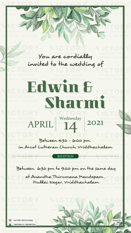 Wedding ceremony invitation card of hindu south indian tamil family in english language with Floral theme design 277