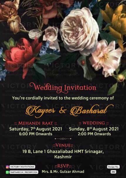 "Enchanting Blossoms: A Digital Wedding Invitation Card with a Striking Black Background" Design no. 282
