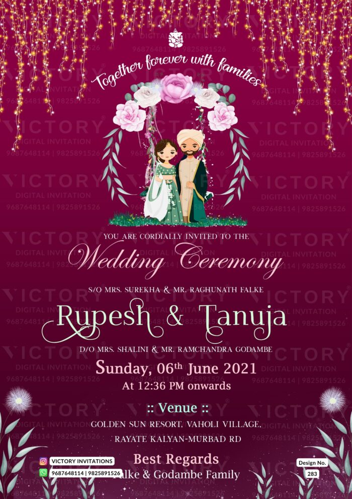 "An Exquisite Digital Punjabi Wedding Invitation with a Vibrant Maroon Theme, Stunning Artwork, Doodles, and Cascading Lighting Series" Design no. 283