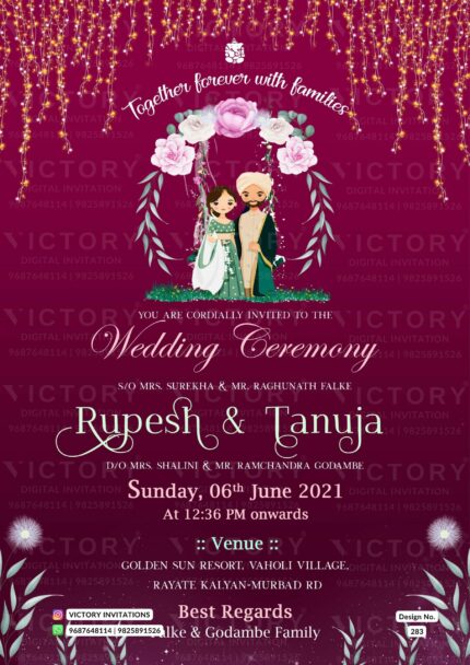 Wedding ceremony invitation card of hindu punjabi sikh family in English language with minimalistic theme design 283