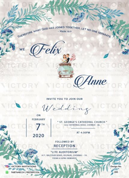 "Romantic Floral Bliss: A Digital Wedding Invitation in White-Grey Gradient with Vibrant Flower Greens and Blue Leaves" Design no. 285