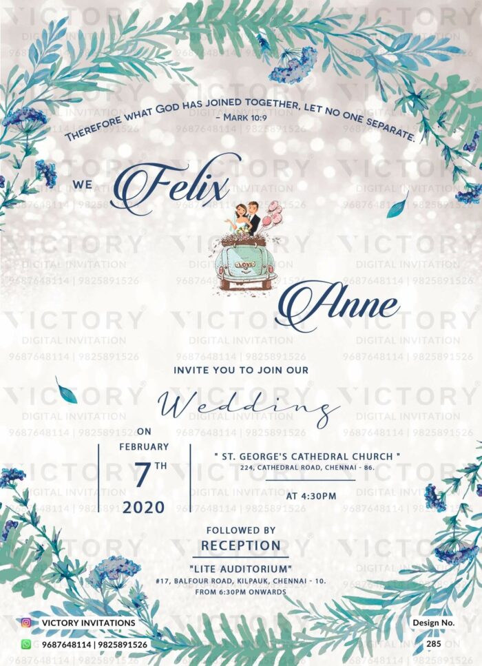 "Romantic Floral Bliss: A Digital Wedding Invitation in White-Grey Gradient with Vibrant Flower Greens and Blue Leaves" Design no. 285