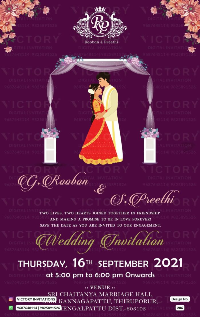 Wedding ceremony invitation card of hindu south indian tamil family in english language with Minimalistic theme design 286