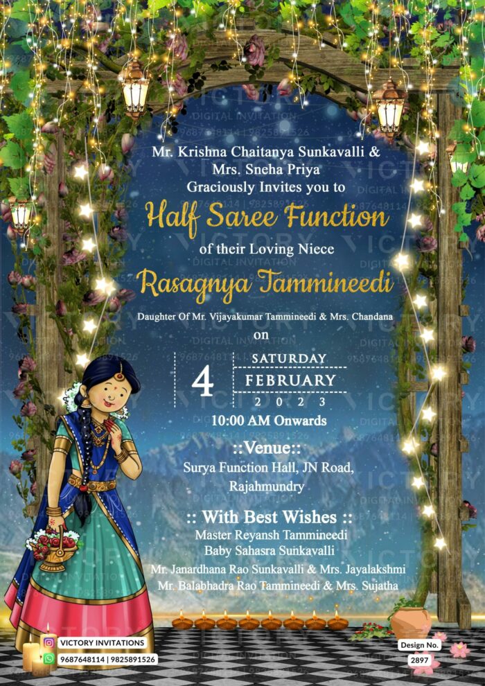 Half Saree ceremony invitation card in english language with mountain theme design 2897