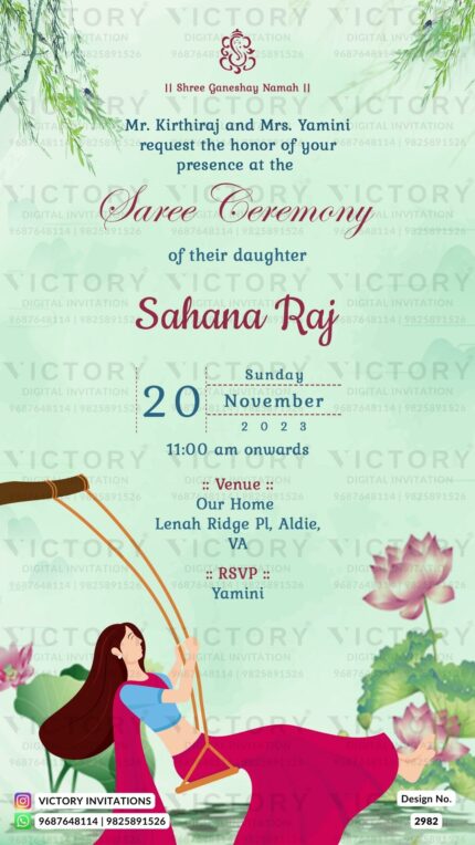 "A Half Saree Invitation Card with Serene Lotus Flower, Lush Green Grass, and a Beautiful Doodle of a Girl Swinging on Tree" Design no. 2982