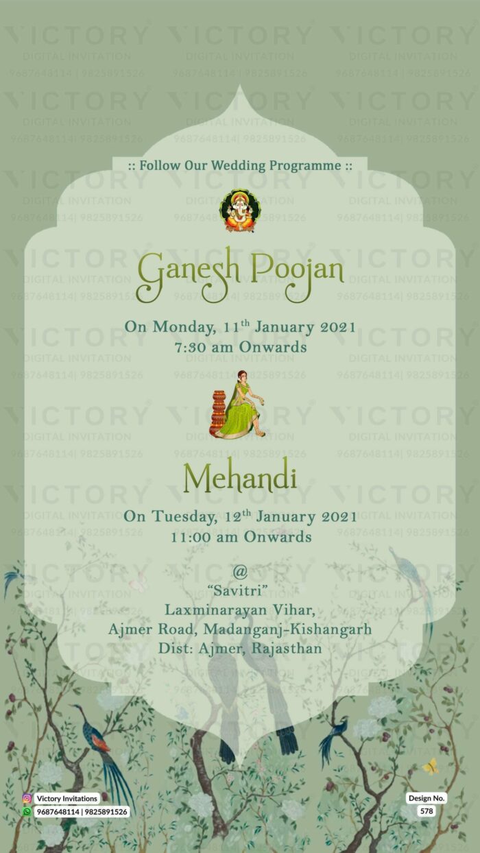 Floral Muted-Pastel Green and Brown Vintage Theme Digital Wedding Invites with Festive Indian Bride and Groom Doodle Illustrations