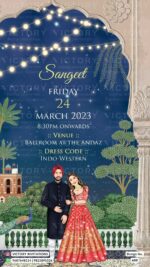 Vibrant Shaded Festive Indian Sikh Digital Wedding Invites with Festive Couple Caricature Illustrations and Vibrant Vintage Backdrops