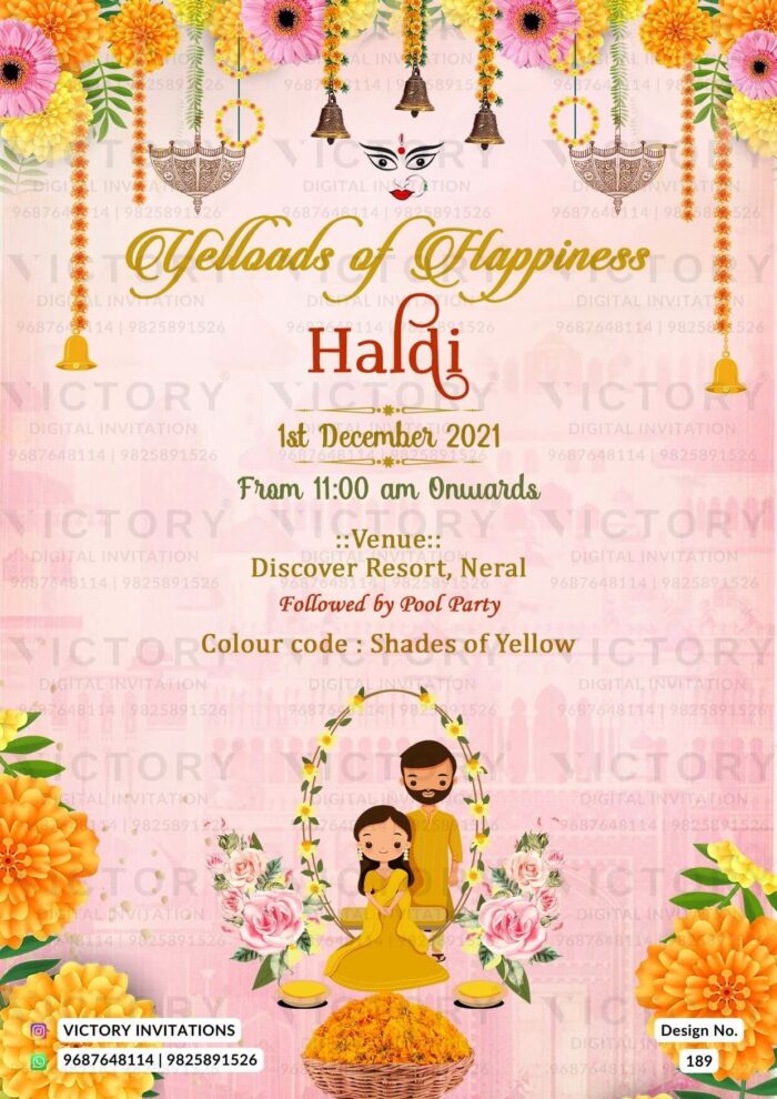 Digital wedding invitations featuring a vintage floral theme in blush pink and beige are complemented with traditional Indian wedding couple doodle illustrations