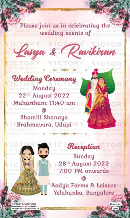 Wedding ceremony invitation card of hindu south indian kannada family in english language with floral theme design 3008