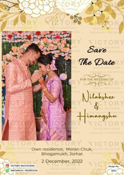 Wedding ceremony invitation card of hindu Assamese family in english language with couple photo theme design 3023