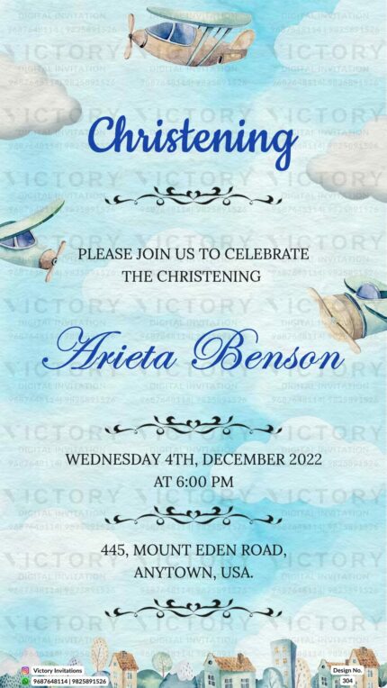 Whimsical Sky Blue Background Adorned with Cartoon Airplanes and a Captivating Modern Cityscape Christening Invitation Card to Celebrate a Precious Arrival, Design no.304