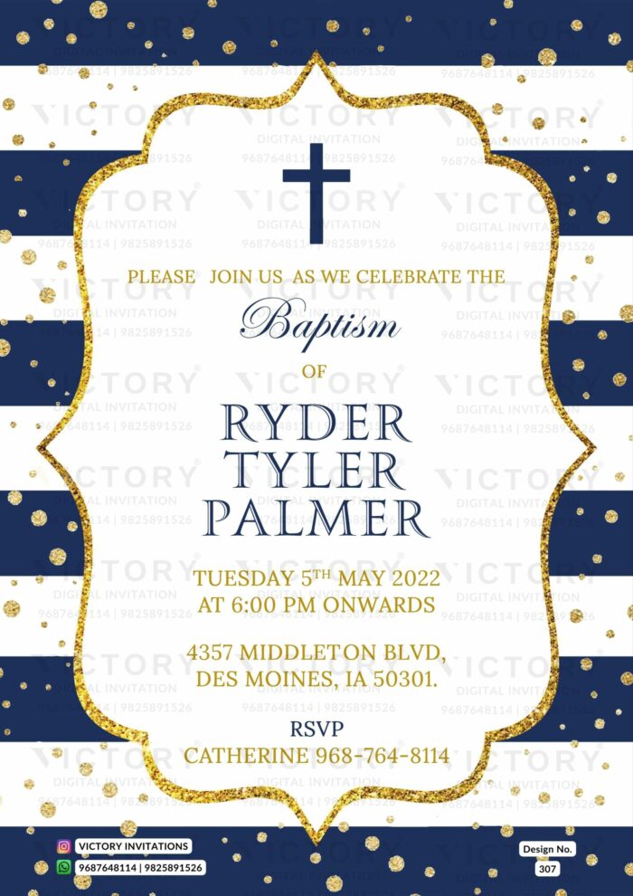 A Glittering Baptism Ceremony Invitation on Blue Lines and White Stripes, Adorned with a Christian Logo in a Golden Arch and Sparkling Gold Accents