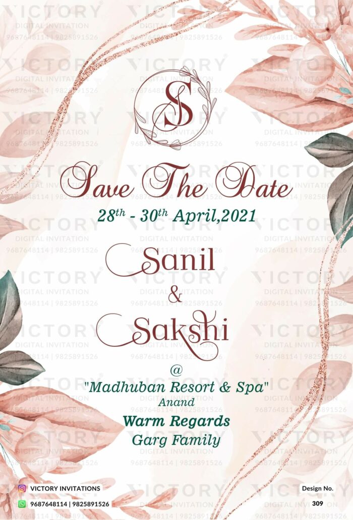 "Elegant and Personalized Pink and Green Save the Date Card with Bespoke Logo Design