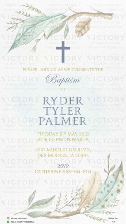 Blue and Cream background texture Breathtaking Baptism Invitation with Watercolor Leaves and Cross Motif