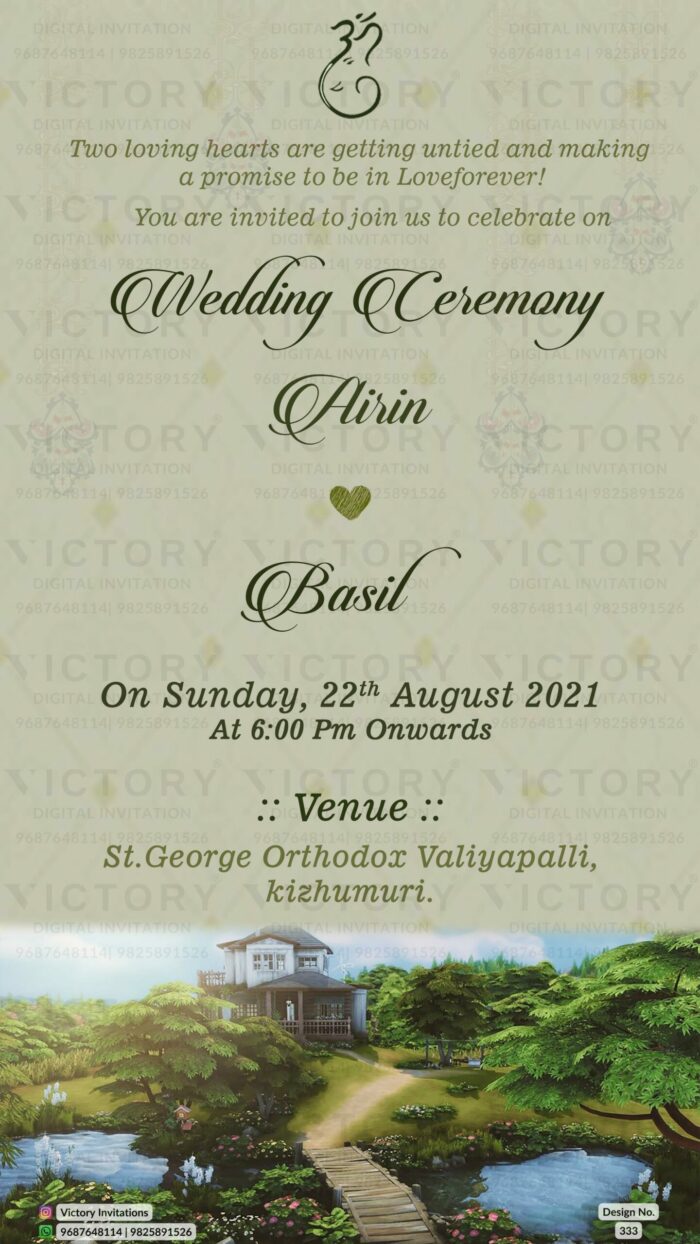 Wedding ceremony invitation card of hindu south indian malayali family in english language with Garden theme design 333