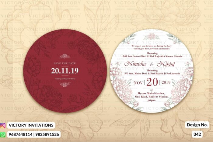 Wedding ceremony invitation card of hindu rajasthani royal family in english language with Floral theme design 342