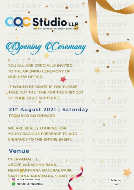 A Luxurious Digital opening ceremony Invitation with a Delicate Peach Backdrop and Sparkling Embellishments, Design no.360